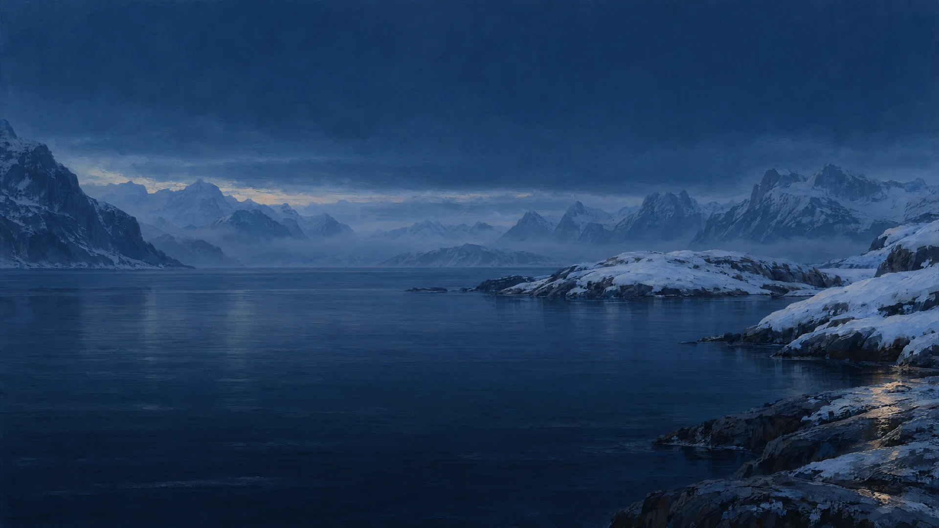 Painted fjord with a low northern sun